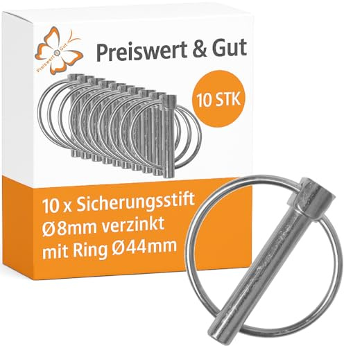 10 STK Sicherungsstift D 8 mm verzinkter Stahl mit Ring D 44 mm silber | Steckbolzen als Splint und Sicherung, Sperrbolzen und Klappsplint im Sicherungsstifte-Set für stabile Fixierung.