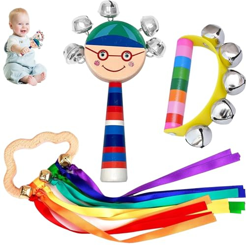 1 PCS Tambourine, 1 PCS Smile Jingle Hand Bells, 1 PCS Ribbon Toy, Half Moon Tambourine, Wooden Musical Instrument for Early Educational Holiday Birthday Party Gifts for Boy Girl
