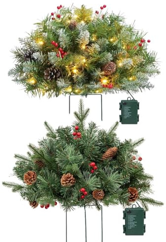 2 x Christmas Urn Filler, Illuminated Artificial Christmas Urn Filler with Tripod Support and Cones Red Berries, Artificial Christmas Flowers Planter Filler for Driveway Yard Home Decoration