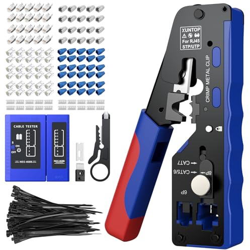 XUNTOP Pinza Crimpatrice RJ45 CAT7 Professionale, Kit Completo con Tester per Connettori CAT7/CAT6, Pinza Crimpatrice Cavi Ethernet con 50 Connettori Schermati per Rete Casa, Ufficio e Gaming