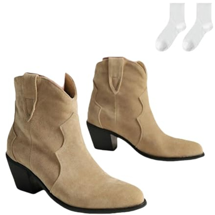 Westernkängor för kvinnor, moderiktiga cowboykängor i mocka-look, slip-on-kängor med brett skaft och blockklack, bekväma höst-vinterkängor för vardagsbruk,Beige,42 EU