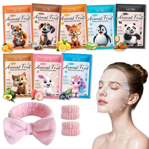 8X Mascarilla Facial Skincare Mujer,Mascarilla Hidratante de Animales Set | Calmante Curas Faciales con Diadema y Correa de Mano,Belleza Regalos para Mujer