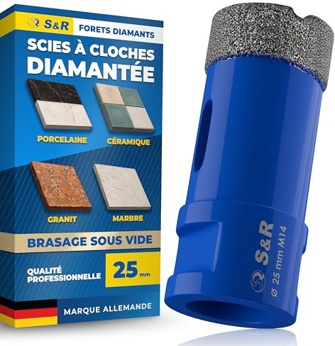 S&R Broca de diamante profesional para azulejos de 25 mm, sierra perforadora para azulejos M14, broca de diamante para azulejos, corona de perforación soldada al vacío, amoladora angular para cerámica
