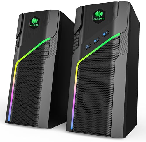 museeq W-206Re RGB Computer Speakers, Bluetooth 5.1 & 3.5mm Wired Desktop Speakers with 21 Light Modes, Touch Lighting Control, USB Powered, Power & Volume Buttons for PC Gaming Laptop
