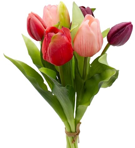 mucplants künstliche Tulpen Tulpenbündel mit 4 Tulpen und 3 Tulpenknospen real Touch (Lila/Beauty Combo)