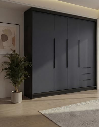A&J MöbelLand KLARI Kleiderschrank 4-türig mit 3 Schubladen – 200 x 215 cm – Drehtürenschrank mit Kleiderstange und Einlegeböden