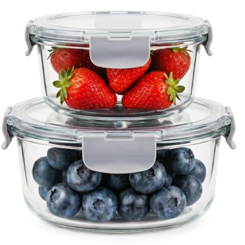 OFFASST Lot de 2 Boîtes Alimentaires Rondes en Verre Borosilicate avec Couvercle - Sans BPA - Compatible Micro-ondes, Lave-vaisselle & Congélateur (400ml & 970ml) - Pour Meal Prep et Conservation