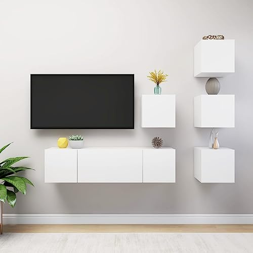 faucqel 6 Piece White Wooden TV Cabinet Set for Living Room, Wall Mounted, Modern Design, Generous Storage Space, Suitable as Media Cabinet, TV Lowboard, TV Shelf