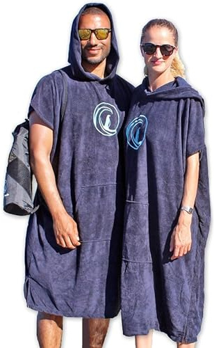 Penguin Poncho – Poncho surfero con capucha, riñonera y bolsa de transporte; sirve como toalla, ayuda para cambiar de ropa y albornoz; talla única para hombre y mujer