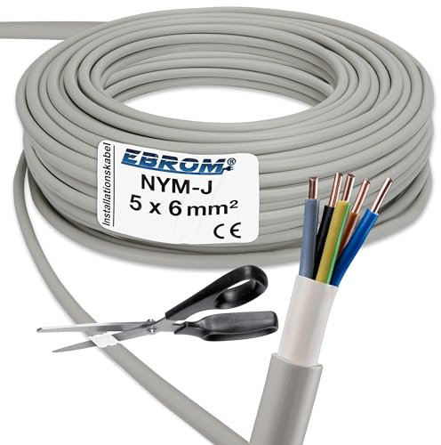 EBROM NYM-J 5 x 6 mm² – Cable de instalación – Cable de instalación – Cable para ambientes húmedos – Gris – Selección en incrementos de 1 metro, corte exacto al metro – Su selección: NYM-J 5 x 6 mm2,