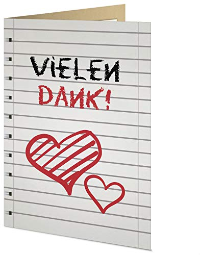 5 Danksagungskarten für die Einschulung mit passenden Umschlägen, Dankeskarten nach der Einschulung im Set zu 5 Stk. Collegeblock Design