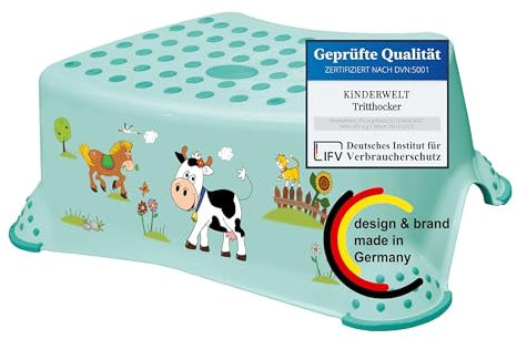 KiNDERWELT Premium Tritthocker für Kinder und Babys, Bauernhof Design in Aquamarin, Tritthocker Stufe für Kleinkinder ab 18 Monaten, abwischbar, rutschfest und BPA-frei