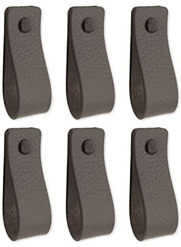 Brute Strength – Ledergriffe für Möbel – 16,5 x 2,5 cm – Grau – 6 Stück | Handgefertigte Möbelgriffe und Lederschlaufen aus Leder; für Schranktüren und Schubladen, Schrauben inklusive