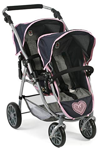 Tandembuggy Vario, Zwillingsbuggy für Zwei Puppen, Puppenwagen für Kinder von 4 bis 8 Jahren, Melange Grau-Navy