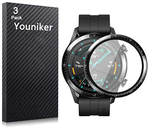 Youniker 3 Pack for Huawei Watch GT2 46mm Screen Protector Film for Huawei Watch GT 2 46mm Smartwatch Screen Protectors Foils 3D Full Coverage Screen Cover Crystal Clear HD Anti-Scratch Bubble Free