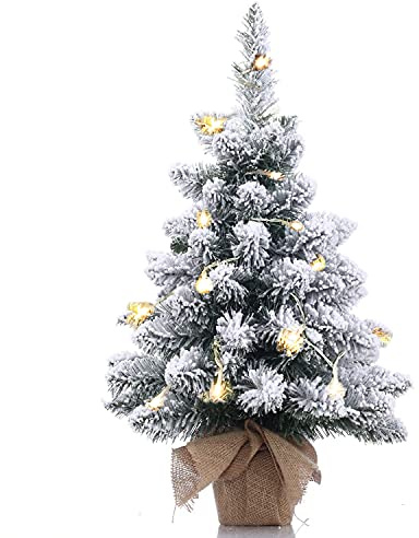 Pre-Lit Artificial Mini Christmas Tree,20 Inch Snow Flocked Small Pine Xmas Tree with 40 LED Lights,70 Branch Tips,Battery Operated Tabletop Christmas Tree Burlap Base-(50cm)
