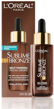 L'Oreal Paris Sublime Bronze Self Tanning Facial Drops with Hyaluronic Acid, Gradual Tan, Fragrance-Free, 1 fl. Oz