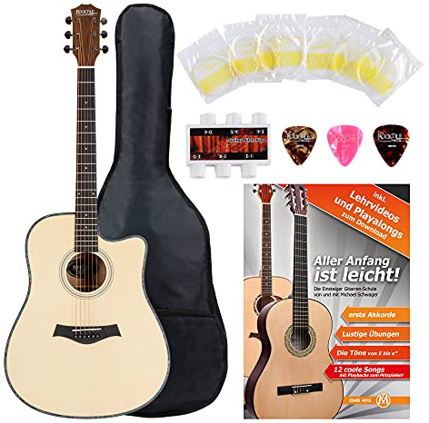 Rocktile WSD-100C NT Westerngitarre Starter Set - Korpusform: Dreadnought mit Cutaway - Decke: Fichte - Boden & Zarge: Mahagoni - Hals: Okoume - inkl. Tasche, Notenheft, Saiten & Plektren - Natur