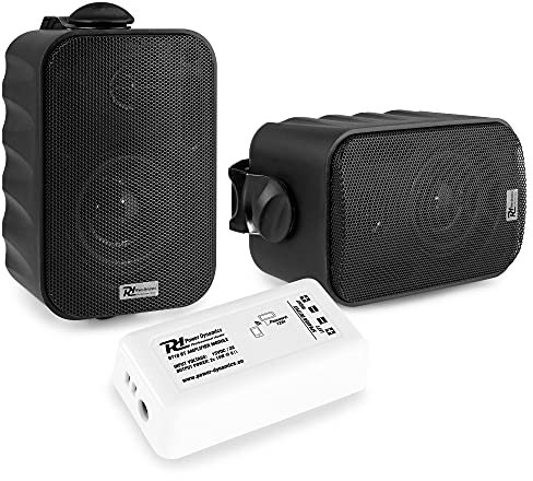 Power Dynamics- Pack de 2 Altavoces BGO30 Negros con Amplificador BT10 Bluetooth, Resistente a la Intemperie, 60W, Estéreo, Soportes de Montaje, Cable 10m, Ideal Interior y Exterior.