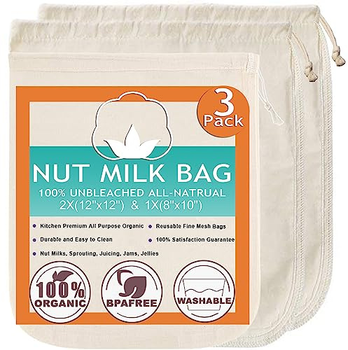 Nut Milk Bag Cloth Strainer for Food, 3 Pack 12 (2 of 12X12 + 1 of 10) Organic Reusable Kitchen Premium Fine Mesh Cheesecloth, Sprouting, Juicing