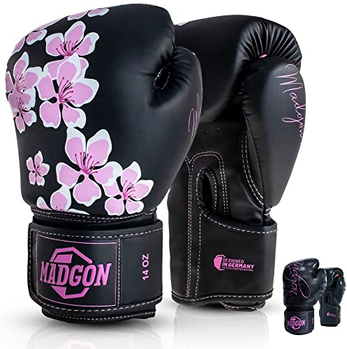 MADGON Gants de Boxe Femme – Matériau Premium Solidité Remarquable - Gants de Boxe – Gants MMA, Arts Martiaux, Entraînement et Boxe - Excellente Absorption des Chocs - Sac Inclus