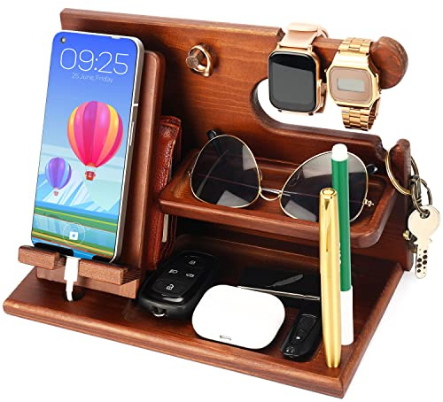 Belle Vous Mobildockningsstation i Trä - Sängbord-/Nattduksbordsenhet - Mobil, Plånbok, Armbandsur, Nyckel- & Prylhållarställ - Årsdags-/Födelsedagspresent för Män - Accessoarer för Man/Pappa