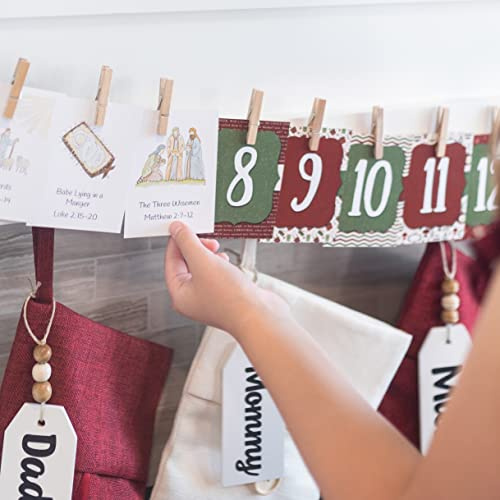 Christ Was Love Calendario dell'Avvento di Natale centrato su Cristo con Scritture e immagini ad acquerello di Cristo - 1 kit di spago con 25 carte, 25 mollette e 1,8 m di spago (rosso e verde