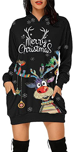 LAEMILIA Robe Sweat à Capuche Noël Robe Pull Longue Hiver Sweatshirt Automne Grande Taille Casual Hoodie Long avec Poches Imprimé Pere Noel Renne Flocon de Neige Dress Chic Pullover Mode