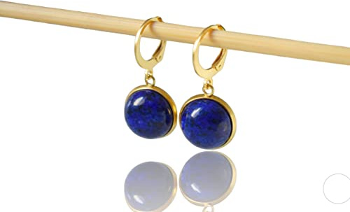 Lapislazuli Ohrhänger, Blau Gold Farbe, Lapislazuli Huggie Ohrringe, Hängeohrringe mit blauem Stein, Lapis Lazuli, 10mm, rund, 24k vergoldete Edelstahl, Edelstein Schmuck, Geschenk für Sie