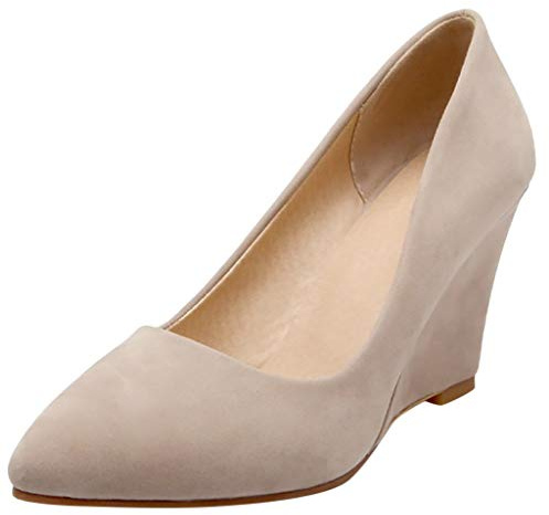 Zapatos de tacón de cuña de color sólido con plataforma y punta puntiaguda, tacón de cuña para mujer, suela sólida con aspecto de ante, beige, 43