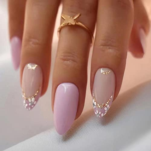Ceboic 24 Stück Mandel Nägel Zum Aufkleben Kurz, French Weiß Blumen Künstliche Nägel Glossy Press on Nails, Wiederverwendbare Oval Falsche Nägel Acryl Fingernägel Fake Nails für Frauen und Mädchen