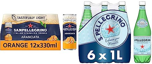San Pellegrino Italian Tastefully Light Sparkling Orange Canned Soft Drink 12 x 330ml | 64k Cals per Can & San Pellegrino Sparkling Natural Mineral Water 6x1L