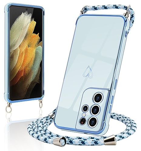 Micoden Handykette für Samsung Galaxy S21 Ultra 5G Hülle mit Band Herz | Necklace Handyhülle Kameraschutz Herz Love Design Slim Galvanik Silikon TPU Case Kordel zum Umhängen Schutzhülle, Blau