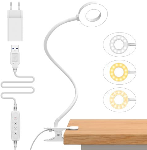 iZELL Lampada da Lettura 23 LED con Caricatore USB Lampada con Pinza-3 Colore e 10 Luminosità, 70 CM Blocca 99.99% della Luce Blu Lampada Scrivania con Morsetto per Libro, Lavoro, Letto, Tavolo-Bianco