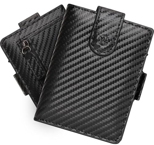 WillFire® MagFlap | Geldbörse Herren | Extra Schlüsselanhänger | Leder Kartenetui für 10-12 Karten | RFID geschützt | Einzigartiger Magnetverschluss | Inkl. Geschenkverpackung (Carbon)