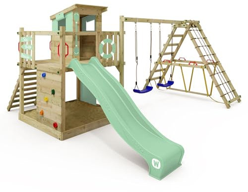 WICKEY Spielturm Klettergerüst Smart Surf mit Schaukel & pastellgrüner Rutsche, Outdoor Kinder Kletterturm mit Sandkasten, Leiter & Spiel-Zubehör für den Garten