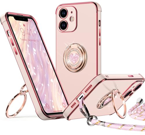 XYZ für iPhone 12 Mini Hülle mit Band, Rosa | Herzen Doppelring Ständer HandyHülle, Frauen Mädchen Dünn Stoßfeste Case mit Handykette, Anti Kratzt SchutzHülle