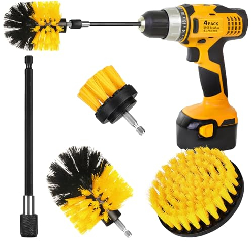 CasaCulina 4 Pack Drill Brush Attachment Set, Drill Cleaning Brush Attachment Multi-Purpose Drill Scrub Brushes with Extend Rod Kit for Grout, Shower, Floor, Tile, Car, Bathroom and Kitchen Surface