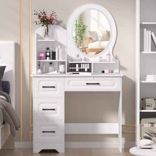 Saterkali Schminktisch mit Spiegel, Schiebe-Make-up-Schreibtisch mit Licht, weißer Schminktisch mit 4 Schubladen und verstecktem Stauraum