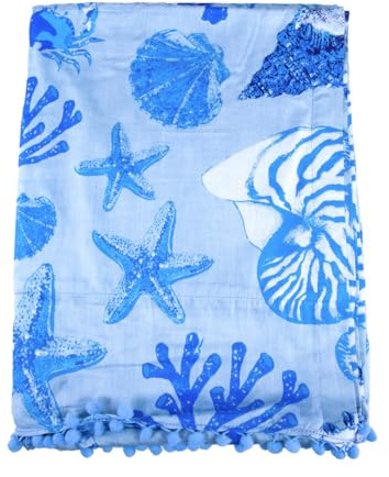 SUN & SURF Pareo con Rizo Estampado Nautilus Celeste Tendencia Moda 90X170CM Doble Textura - Toalla Resistente Playa Sol y Piscina