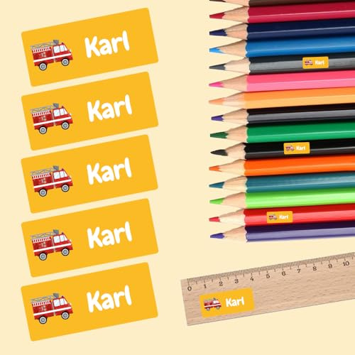 Namensaufkleber für Stifte & Lineal (125 Sticker) – Aufkleber mit Name und Feuerwehr für Schulstifte oder Geodreieck – Ideal für Schule und Kindergarten – Spülmaschinenfest, 30 x 13 mm