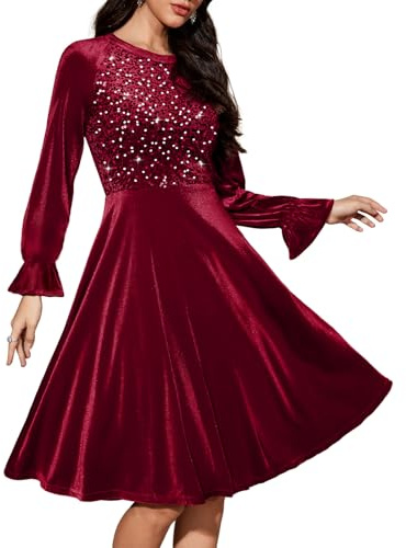 Bbonlinedress Långärmad cocktailklänning med sammetspaljett för kvinnor, vintage sammetsklänning för bröllopsgäst, midiklänning, Bourgogne, M