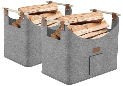 FIVMEN Lot de 2 sacs en feutre pour bois de chauffage, pliables avec feutre extra épais et poignée en bois renforcée, panier en feutre pour courses, journaux, gris moyen