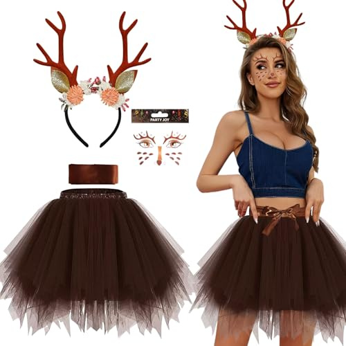 KYOEOE 4er Rentier Kostüm Damen Set,Hirsch Kostüm Rentier Haarreif mit Reh Gesichtstattoo Braun Tüllrock Kostüm Reh Damen,Geweih Kostüm Elch Rehkostüm Accessoires für Fasching Karneval Cosplay Party