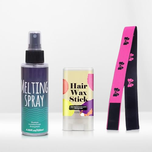 Set spray per sciogliere il pizzo e cera per capelli, cera per acconciatura/colla per parrucche anteriori, forte tenuta naturale con fascia per capelli in regalo (3 pezzi)