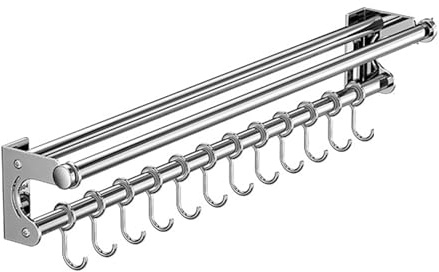 VaNaene , platzsparende Küchenutensilien Rack mit Haken, Küche Aufbewahrungsregal für Utensilien Spatel Löffel, hängende Topf Rack, einfach zu reinigen (Silver, 50CM+10Hook)