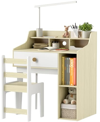 AIYAPLAY Set Scrivania per Bambini di 3-10 Anni e Sedia, con Ripiani