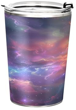 Sevdomey Galaxy - Bicchiere termico da 325 ml, in acciaio inox, con coperchio e cannuccia, riutilizzabile, per caldo/freddo, senza BPA