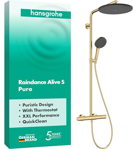 hansgrohe Raindance Alive S Puro - Duschsystem mit Thermostat, Regendusche (300 mm) mit Armatur, Handbrause, Schlauch, Brausestange und runder Kopfbrause, Polished Gold Optic, 24592990