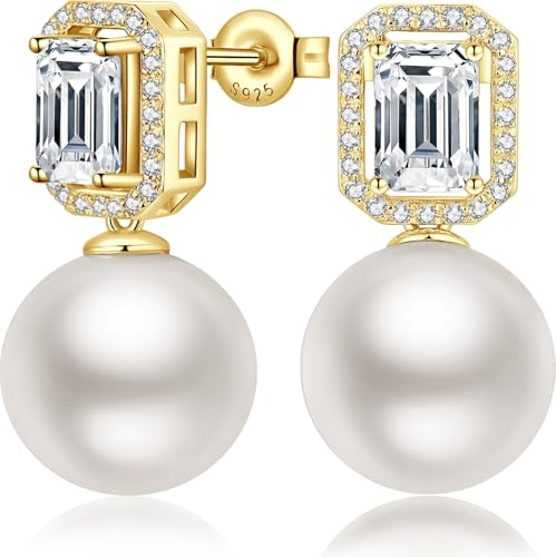 Miaofu Perlen Ohrringe Hängend 18K Weißgold plattiert S925 Sterling Silber mit Weißen Perlen und AAAAA Zirkonia Kristallen für Damen